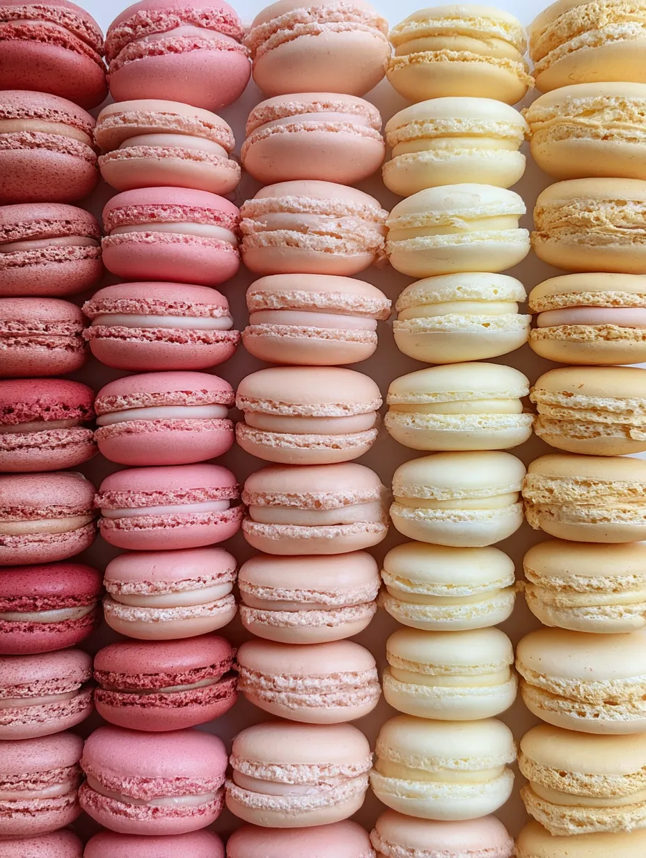 Eine Reihe von Macarons in verschiedenen Farben und Schattierungen.