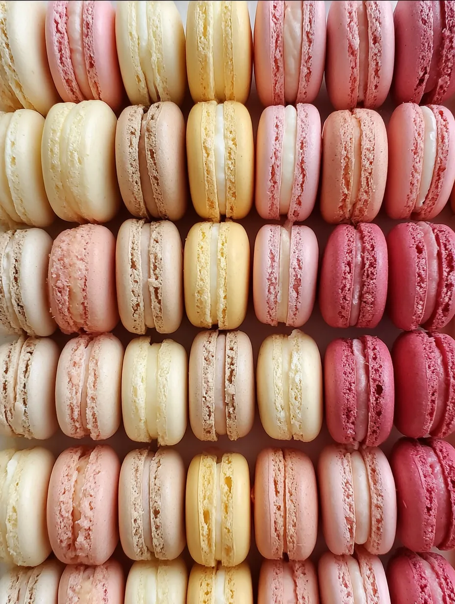 Eine Reihe von Macarons in verschiedenen Farben, darunter Pink, Yellow, White, Orange und Pink.
