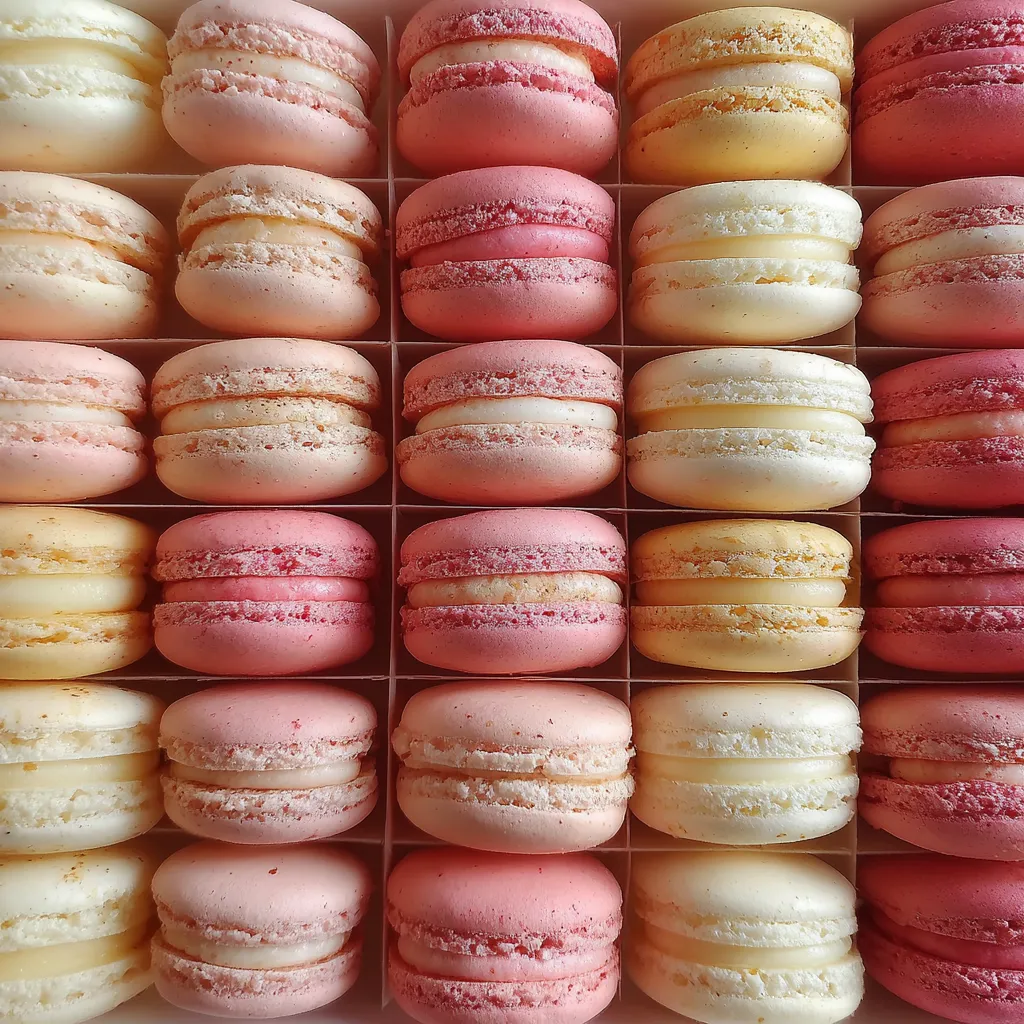 Eine Box mit 12 Macarons in verschiedenen Farben und Schattierungen.