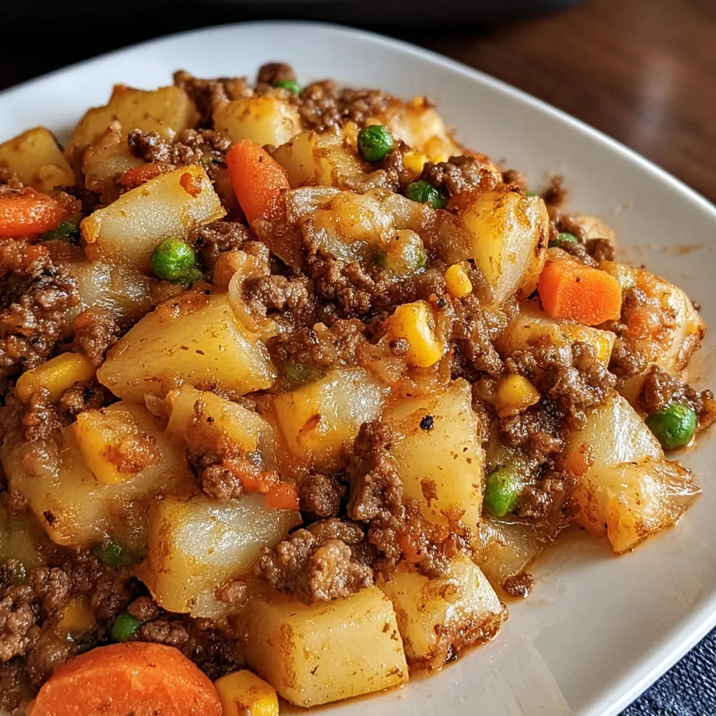 Ein weißer Teller mit einer Mischung aus Kartoffeln, Karotten, Kohl und Rindfleisch.