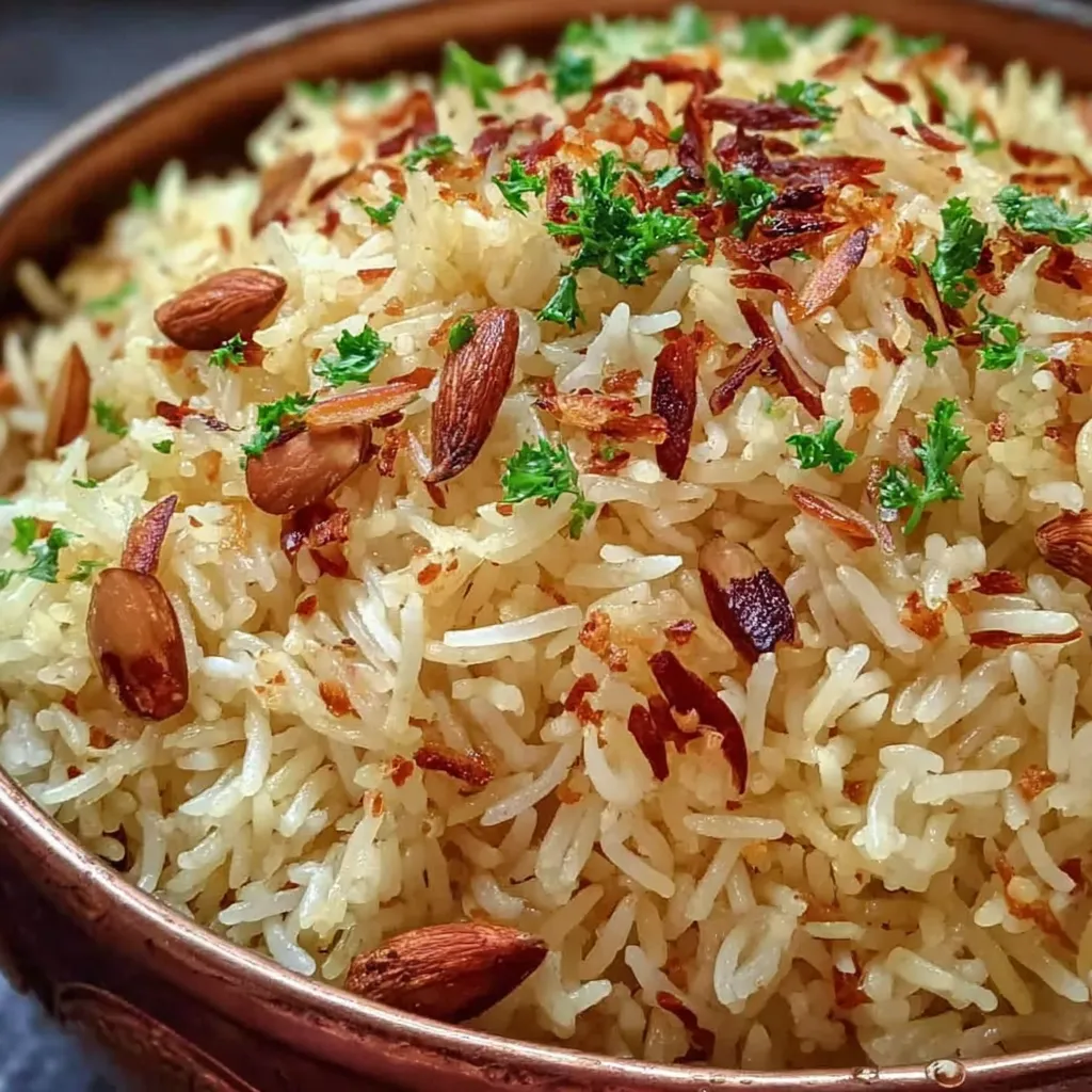 Ein Kessel mit Arabischem Reis, der mit Gewürzen und Nüssen zubereitet wurde.