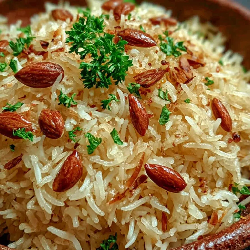 Ein Bild von Arabischem Reis, der in einem Topf oder einem Kessel serviert wird. Es gibt viele Reisstäbchen, die in den Reis gesteckt sind, und es gibt auch einige Nüsse, die in den Reis gesteckt sind.