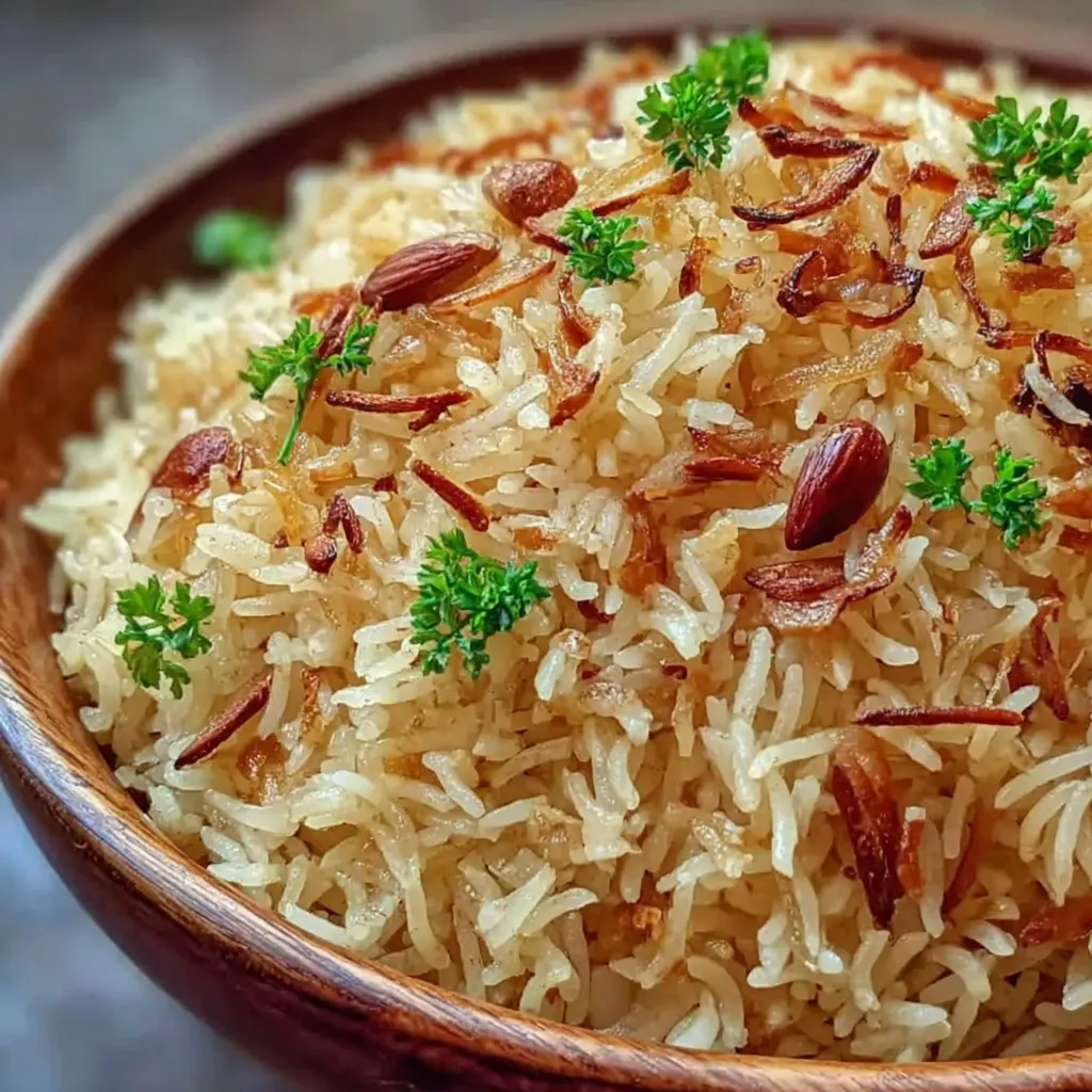 Ein Bogen von Arabischem Reis mit Zwiebeln und Gewürzen.