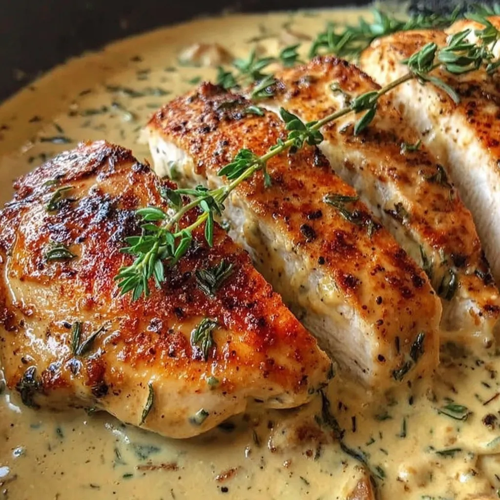 Ein Stück Philadelphia-Hähnchen, das in einer Sauce mit Gewürzen und Kräutern zubereitet wurde.