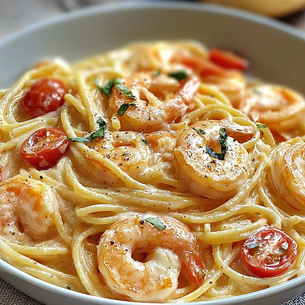 Ein Bogen Pasta mit Tomaten, Zwiebeln und Shrimp.