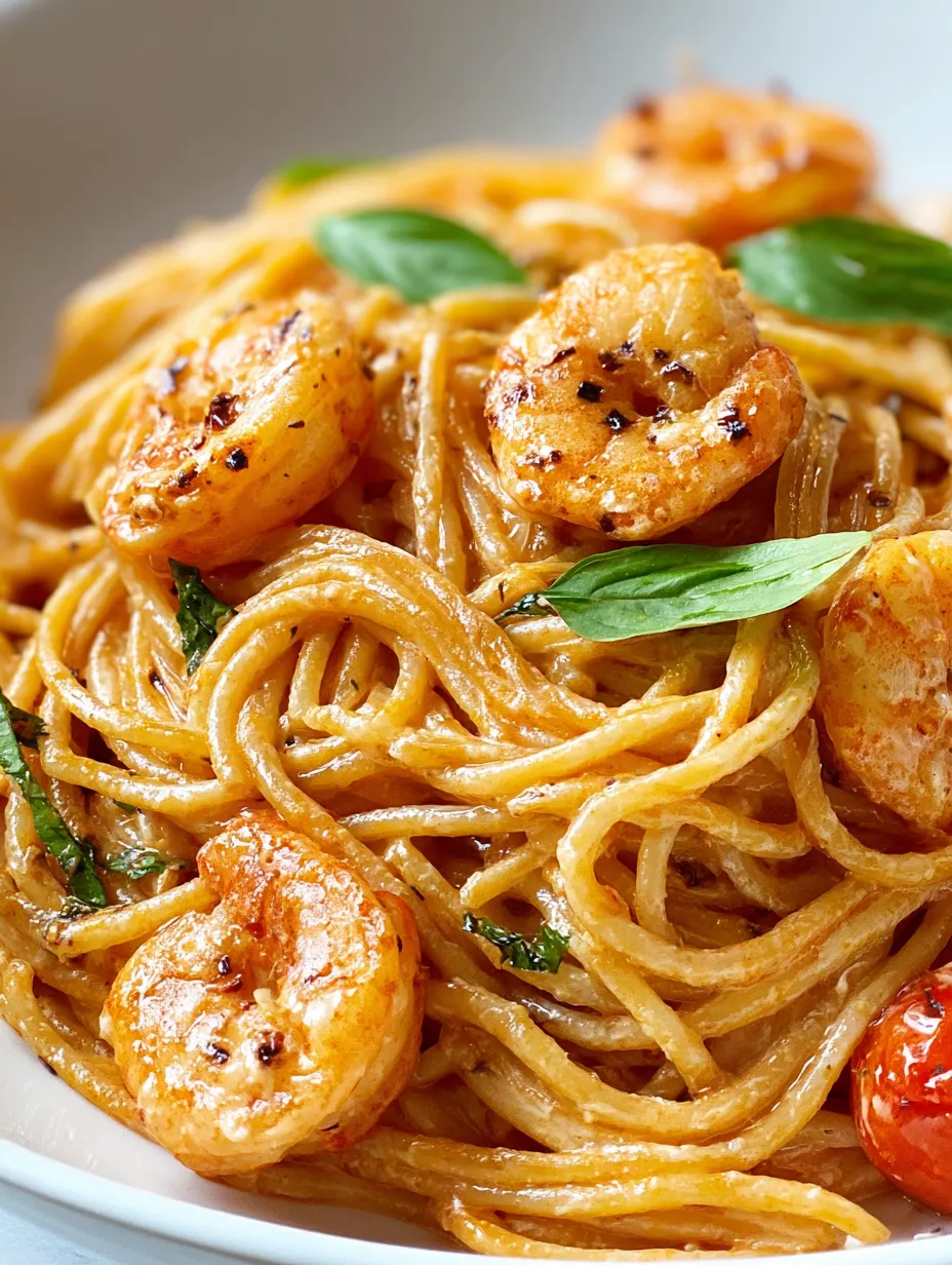 Eine Sch&uuml;ssel mit Pasta, Tomaten, Shrimp und Spinat.