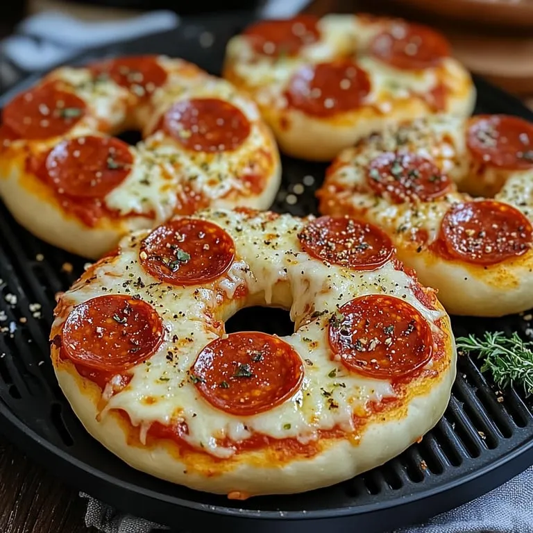 Eine Tasse mit sechs Pizza-Donuts auf einem Grill.