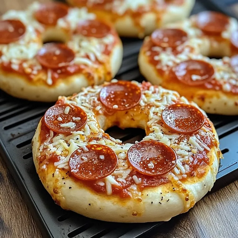 Eine Pizza-Donut mit Tomaten und Mozzarella auf einem Teller.
