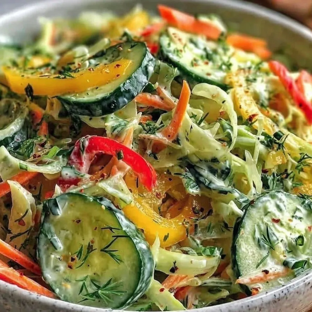 Ein Schmelztiegel mit frischem Gurken-Salat, der eine Vielzahl von Gurken und Zwiebeln enthält.