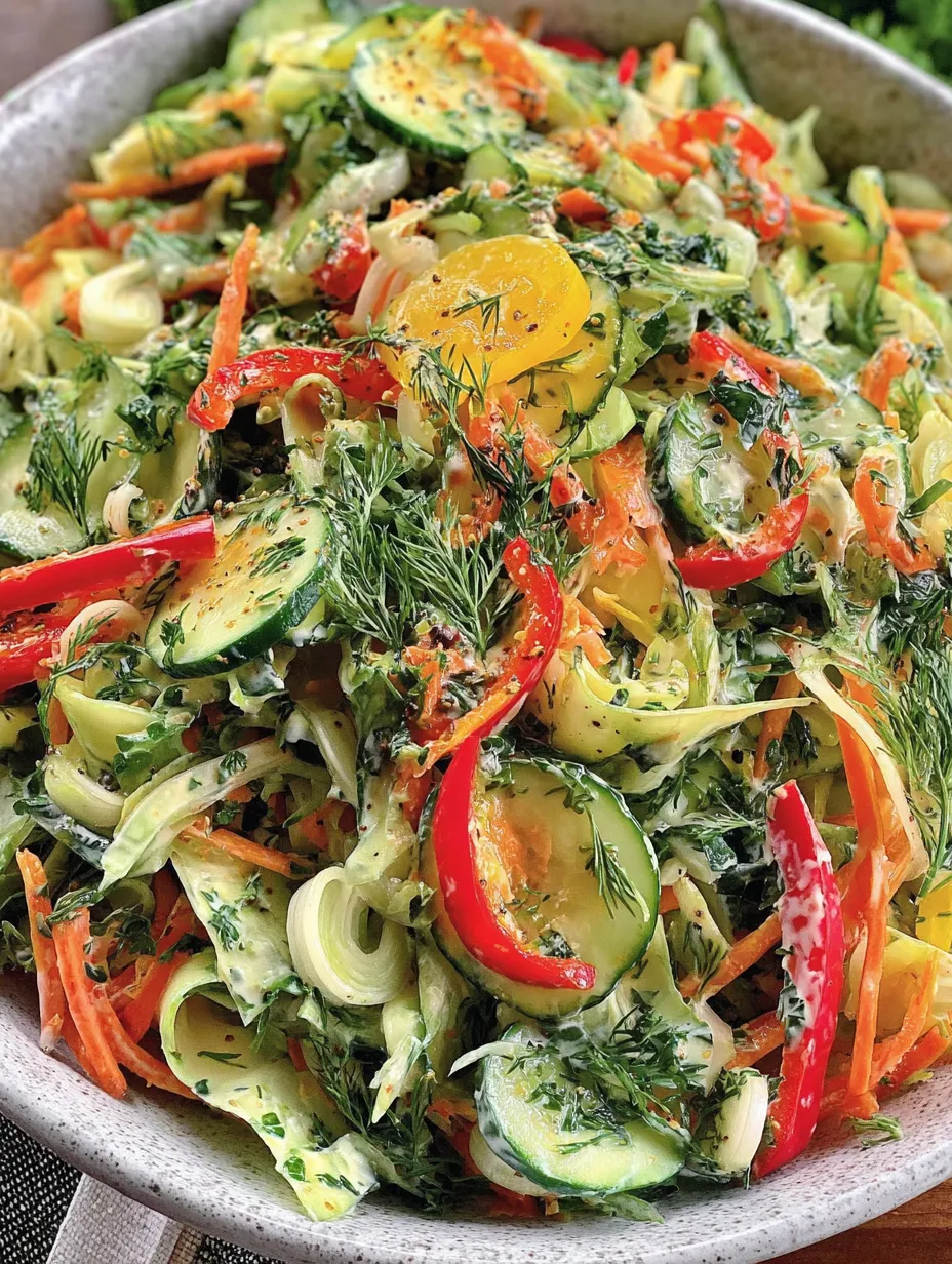 Ein großer, frischer Salat aus Gurken, Zucchini, Paprika und anderen Gemüsearten, die in einem Behälter oder einer Schüssel serviert werden.