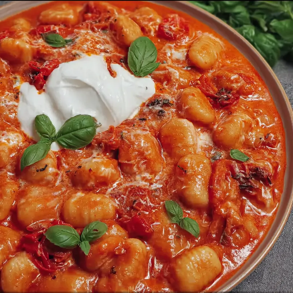 Ein Schüssel mit Pasta, Tomaten, Basilikum und Käse.