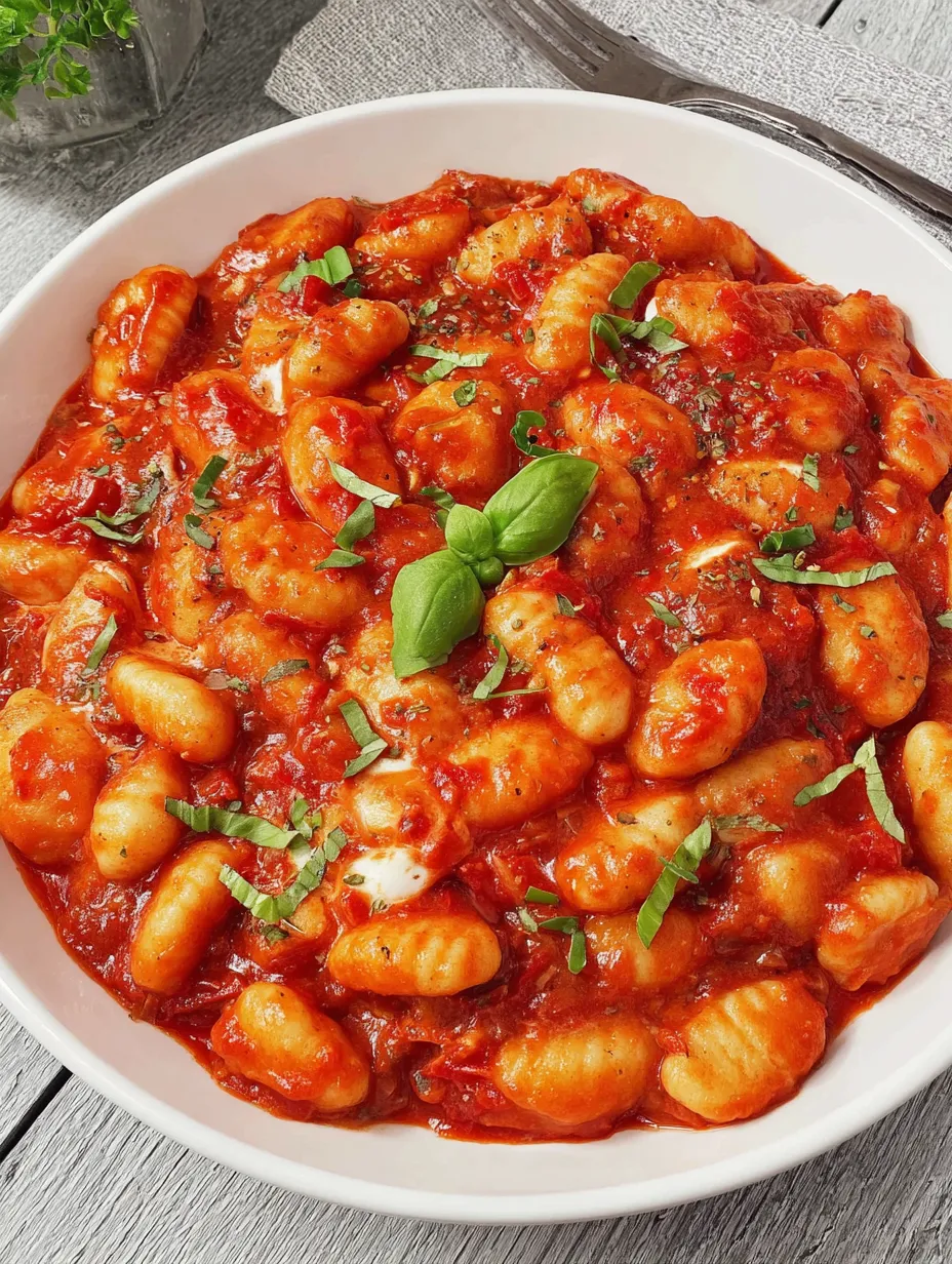 Ein weißer Teller mit einer Mischung aus Pasta, Tomaten und Basilikum.