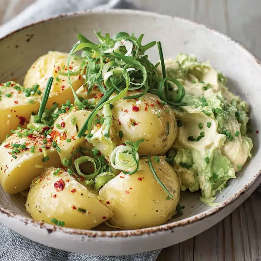 Ein Schüssel mit Pellkartoffeln und Avocado-Dip.