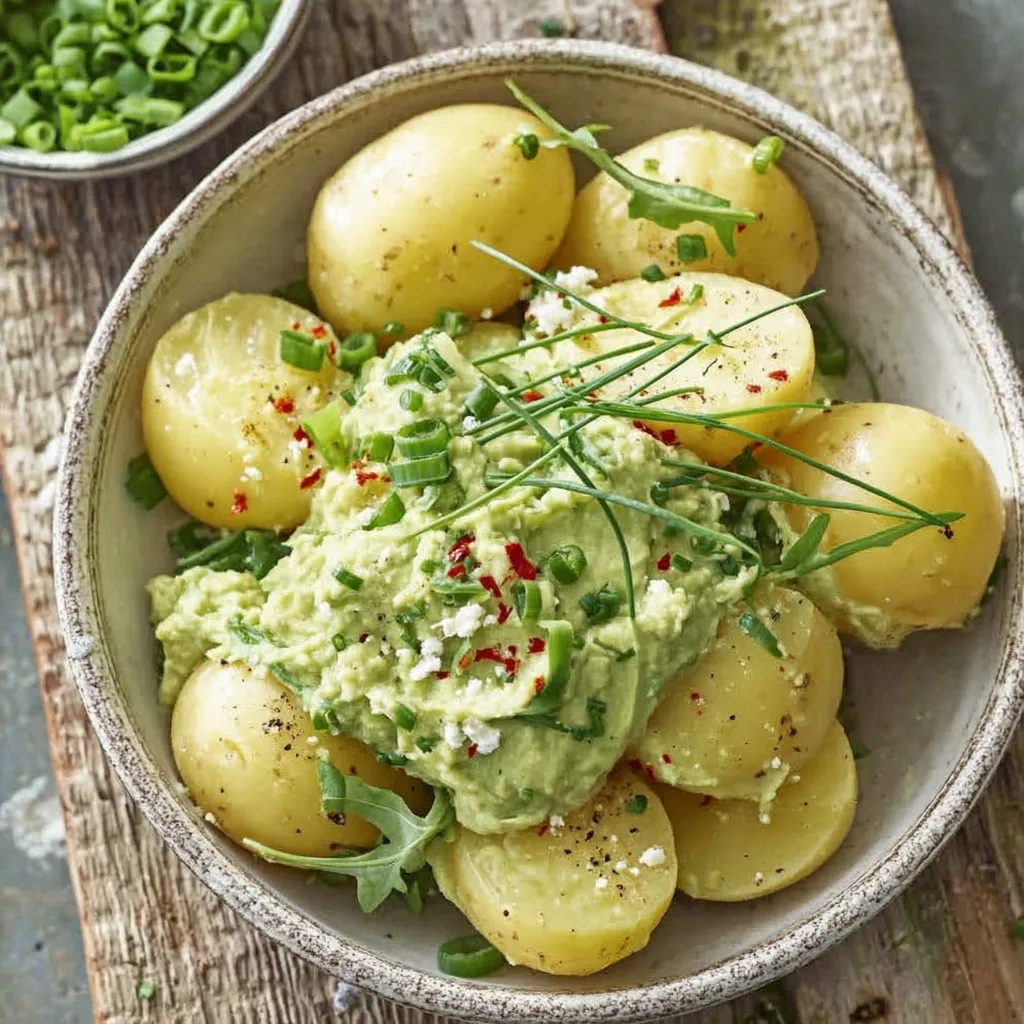 Ein Becher mit gegrillten Paprika, die in einer Sauce mit Avocado und Paprika gegeben sind.