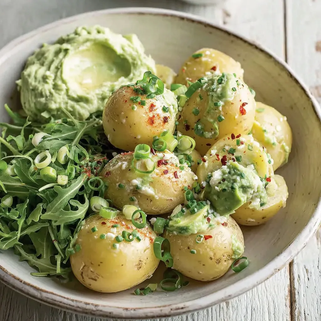 Ein Becher mit Pellkartoffeln und Avocado-Dip.