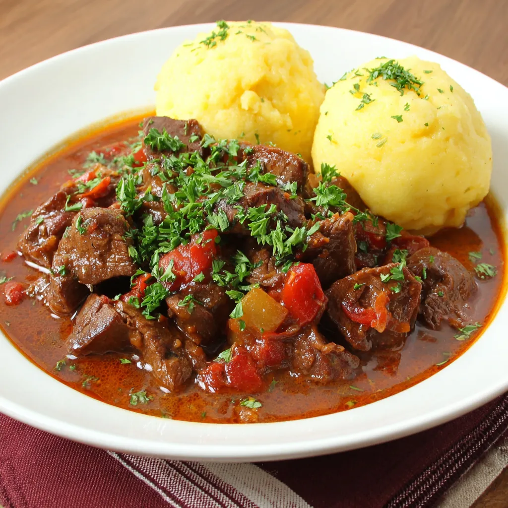 Ein weiner saftgulasch mit garniert mit grünen Zutaten wie Zwiebeln und Paprika.