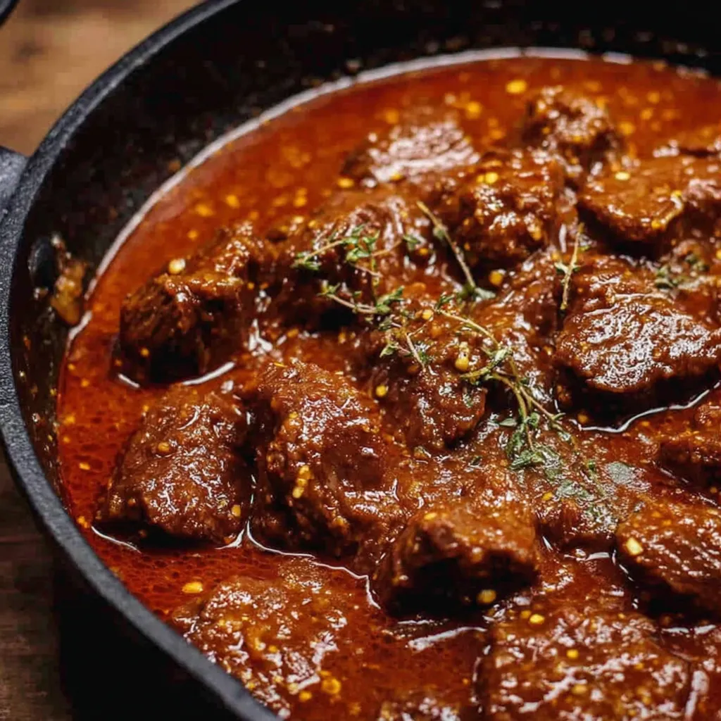 Ein schwarzes Töpfchen mit einer Mischung aus Fleisch, Gewürzen und Sauce, die als Wiener Saftgulasch bezeichnet wird.