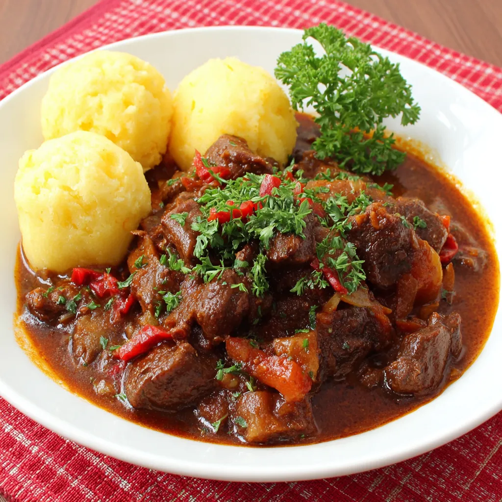 Ein weiner saftgulasch mit garnierten grünen Zwiebeln und roten Paprika.