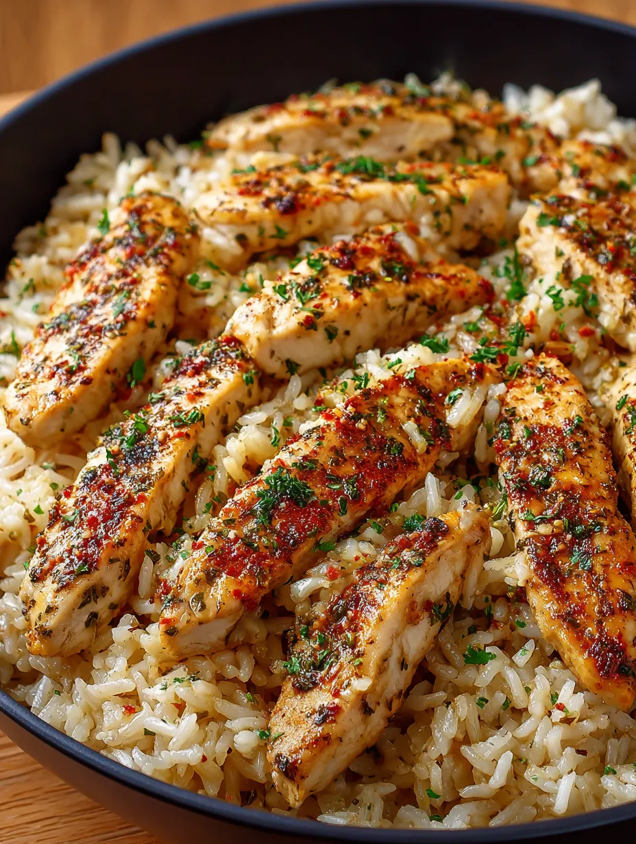 Rice mit gegrillten Chicken-Stücken und Gewürzen.