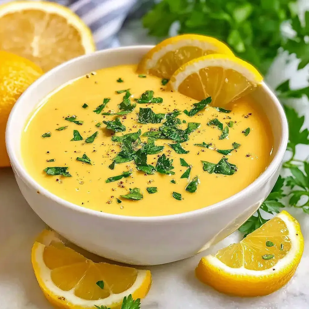 Ein weißer Becher mit Honig-Senf-Dressing, der mit Zitronen und Kräutern garniert ist.