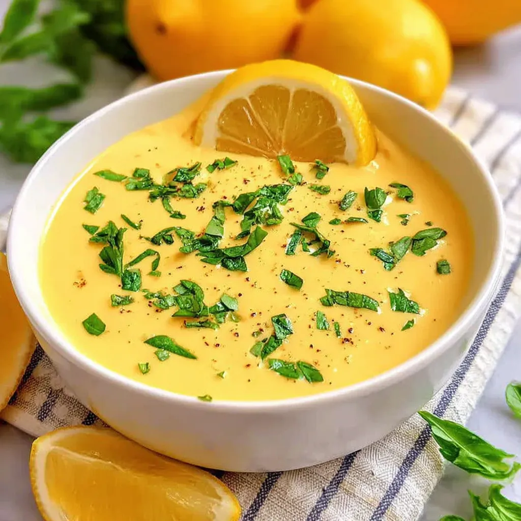 Ein weißer Becher mit Honig-Senf-Dressing, der mit Zitronen und Kräutern garniert ist.