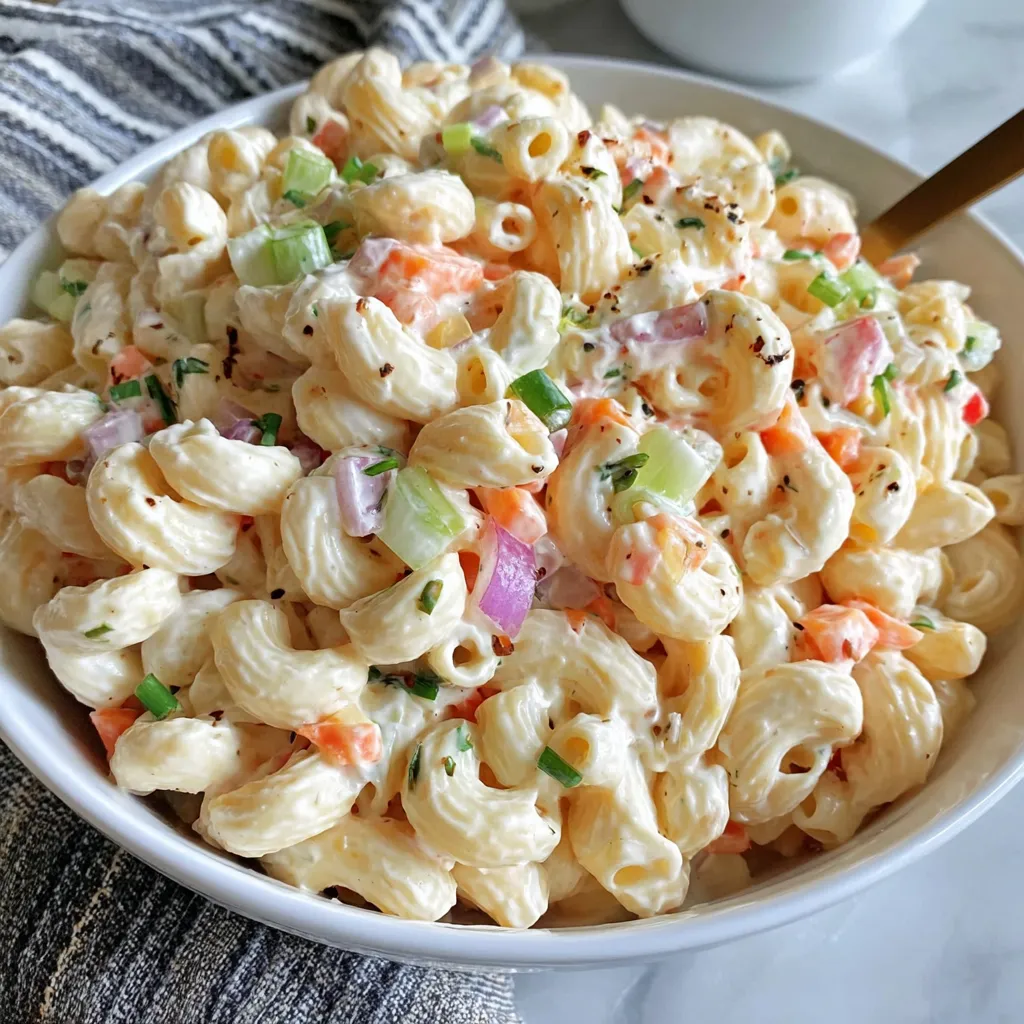 Ein weißer Teller mit Macaroni-Salat, der mit Zwiebeln und Koriander garniert ist.