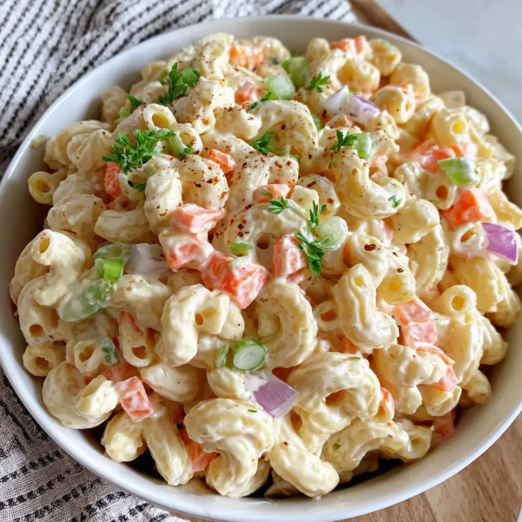 Ein weißer Teller mit einer cremigen Macaroni-Salat-Topping.