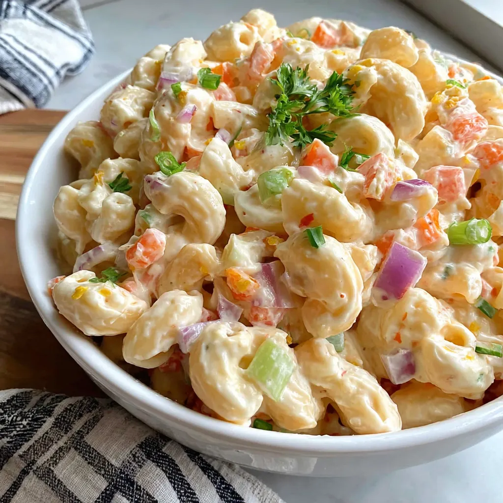 Ein weißer Teller mit einer cremigen Macaroni-Salat-Topping.