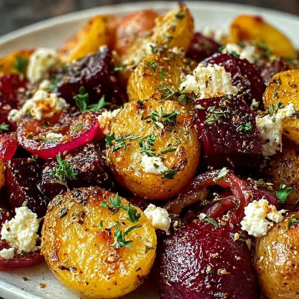 Ein weißer Teller mit Kartoffeln, Rote Bete und Feta.