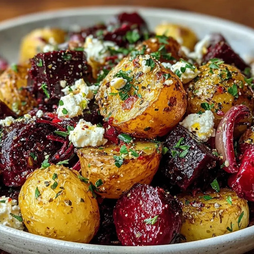 Ein Becher mit Kartoffeln, Rote Bete und Feta.