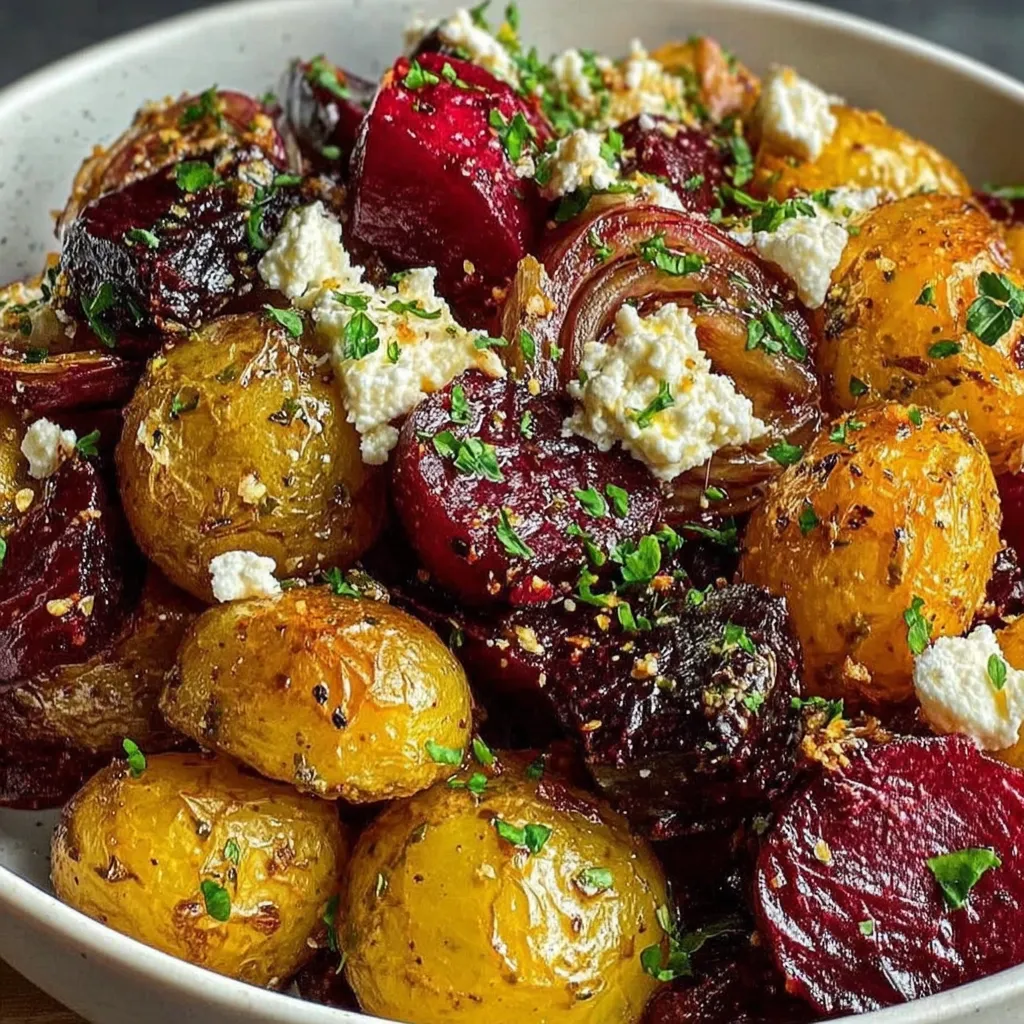 Ein weißer Teller mit einer Mischung aus Kartoffeln, Rote Bete und Feta.