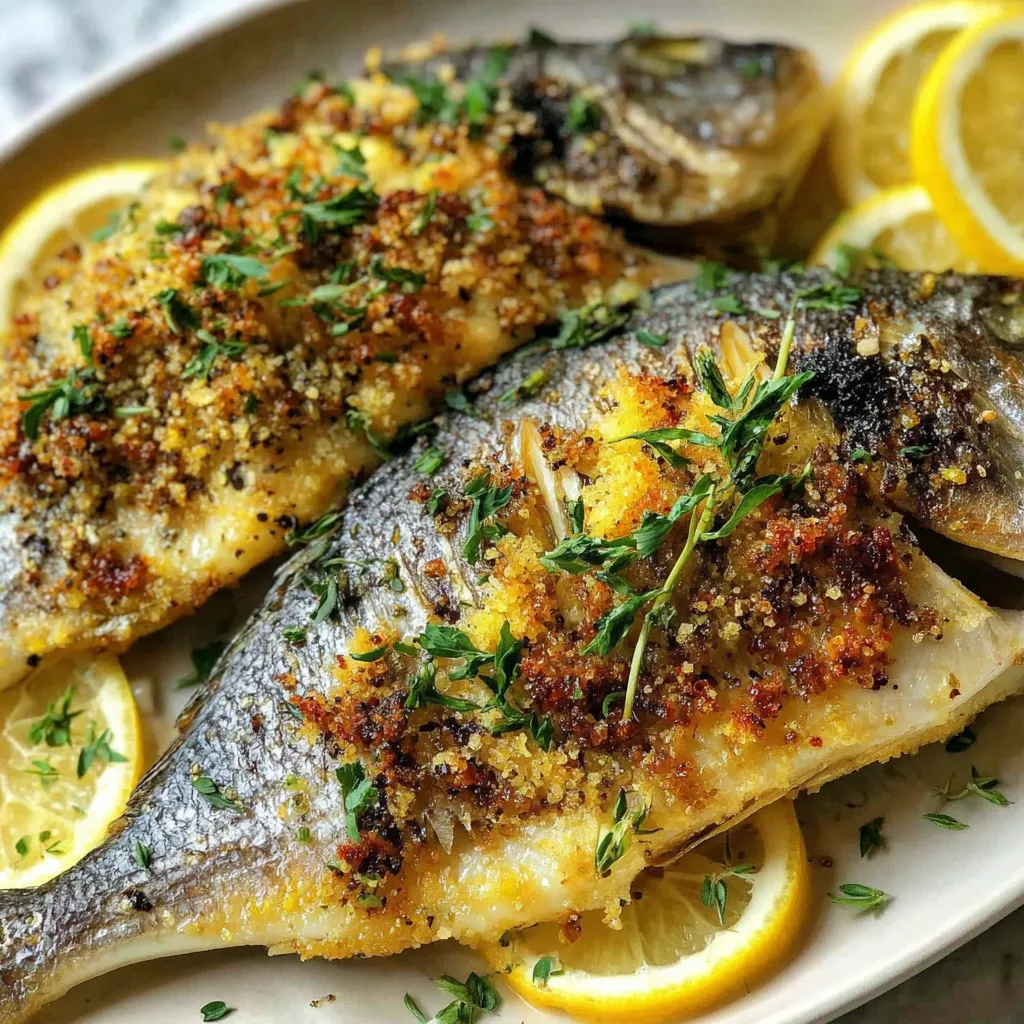 Eine Knusprige Dorade mit Zitronen-Pfeffer-Kruste auf einem Plate.