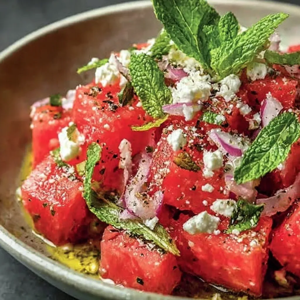 Ein großes, leckeres Salat aus frischem Wassermelon, Feta-Käse und Minze, das perfekt für heiße Sommer Tage ist.