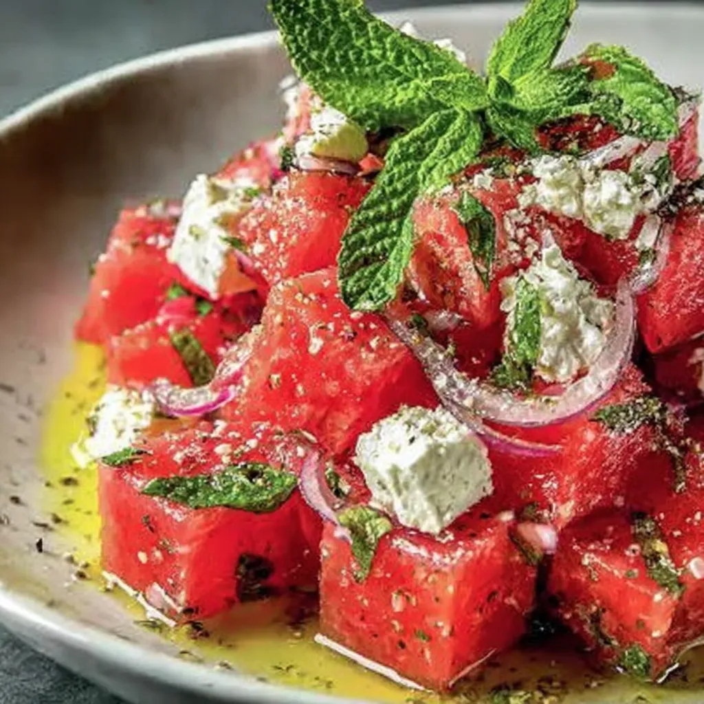 Ein großes, leckeres Salat aus frischem Wassermelon, Feta-Käse und Minze, das perfekt für heiße Sommer Tage ist.