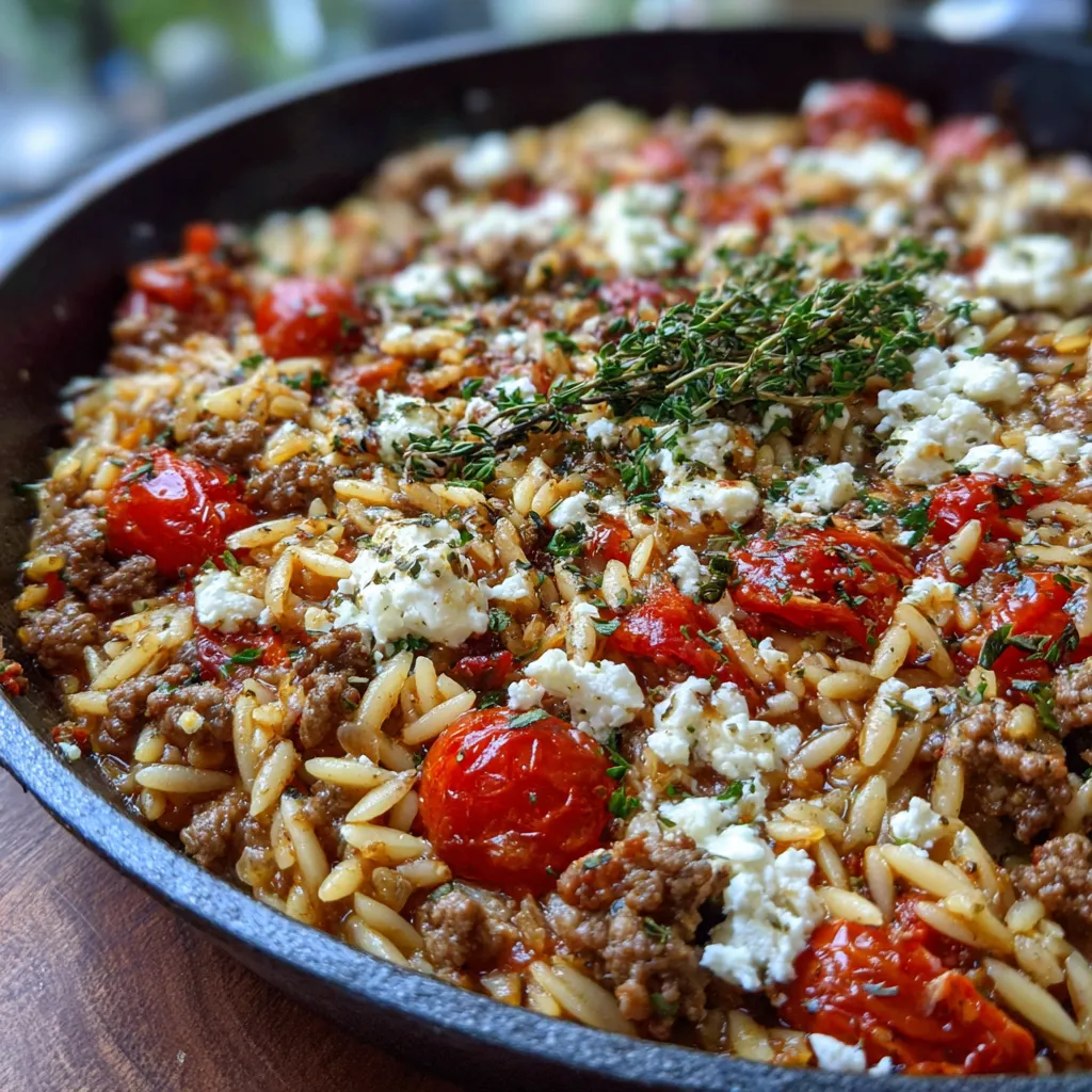 Eine griechische Hackfleischpfanne mit Kritharaki, das Sommergericht, das nach Urlaub schmeckt.