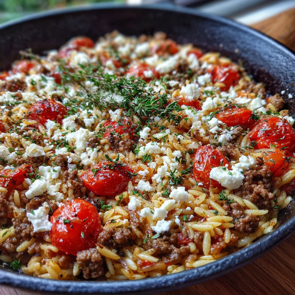Eine griechische Hackfleischpfanne mit Kritharaki, das Sommergericht, das nach Urlaub schmeckt.