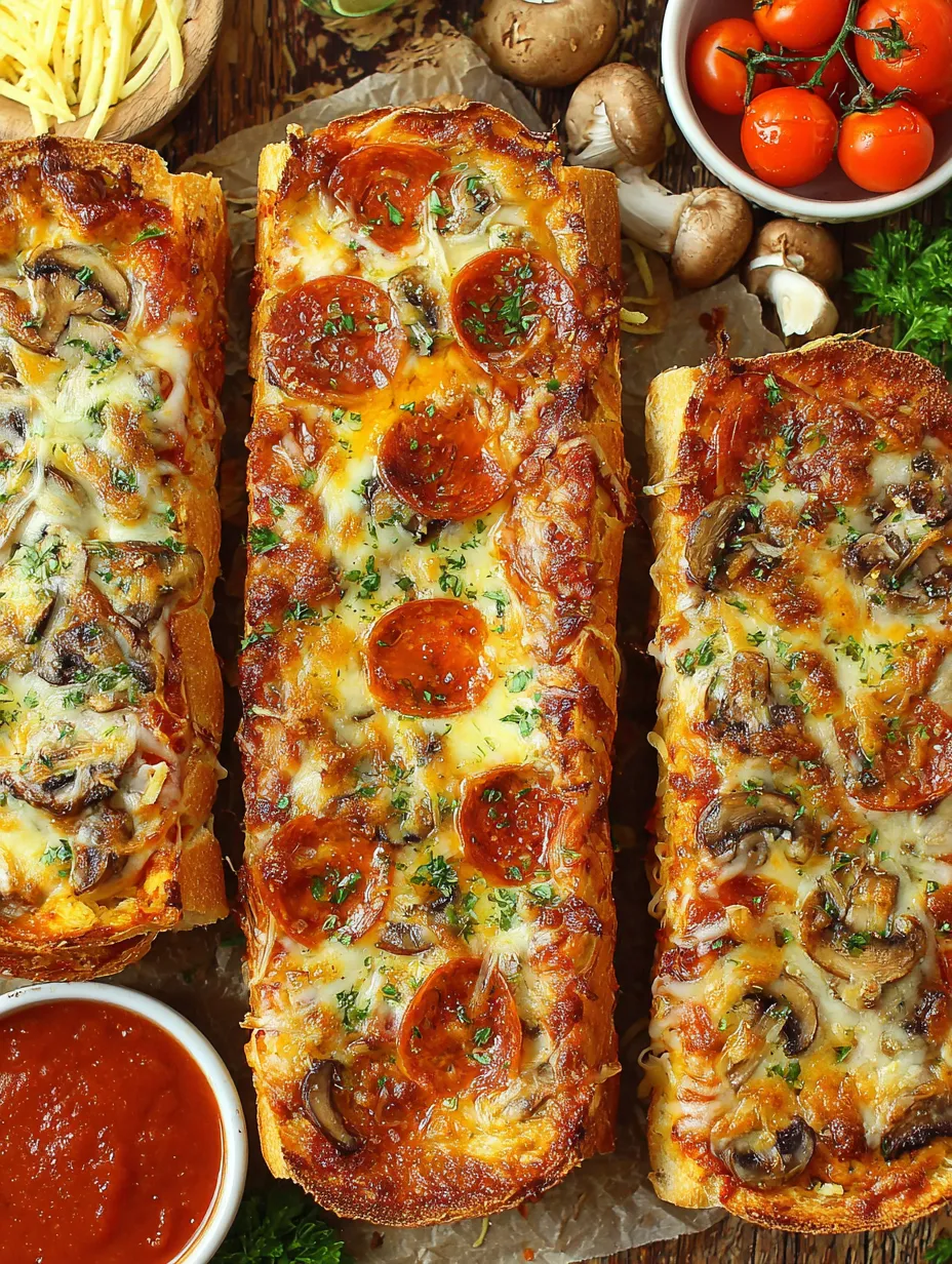 Eine Reihe von Pizza-Baguettes mit Tomaten und Basilikum auf einem Tisch.