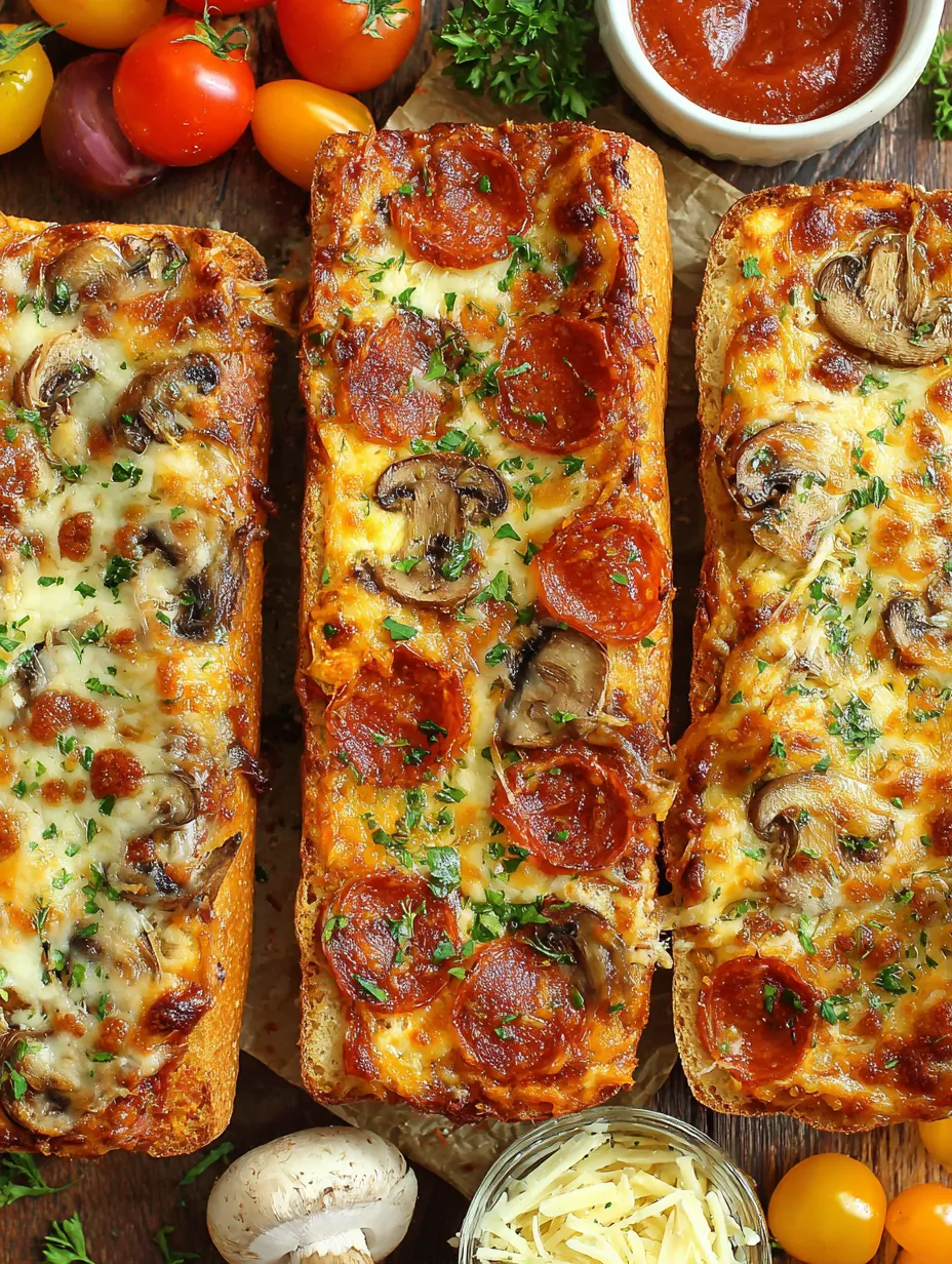 Eine Reihe von Pizza-Baguettes mit Tomaten, Mozzarella und Pepperoni.
