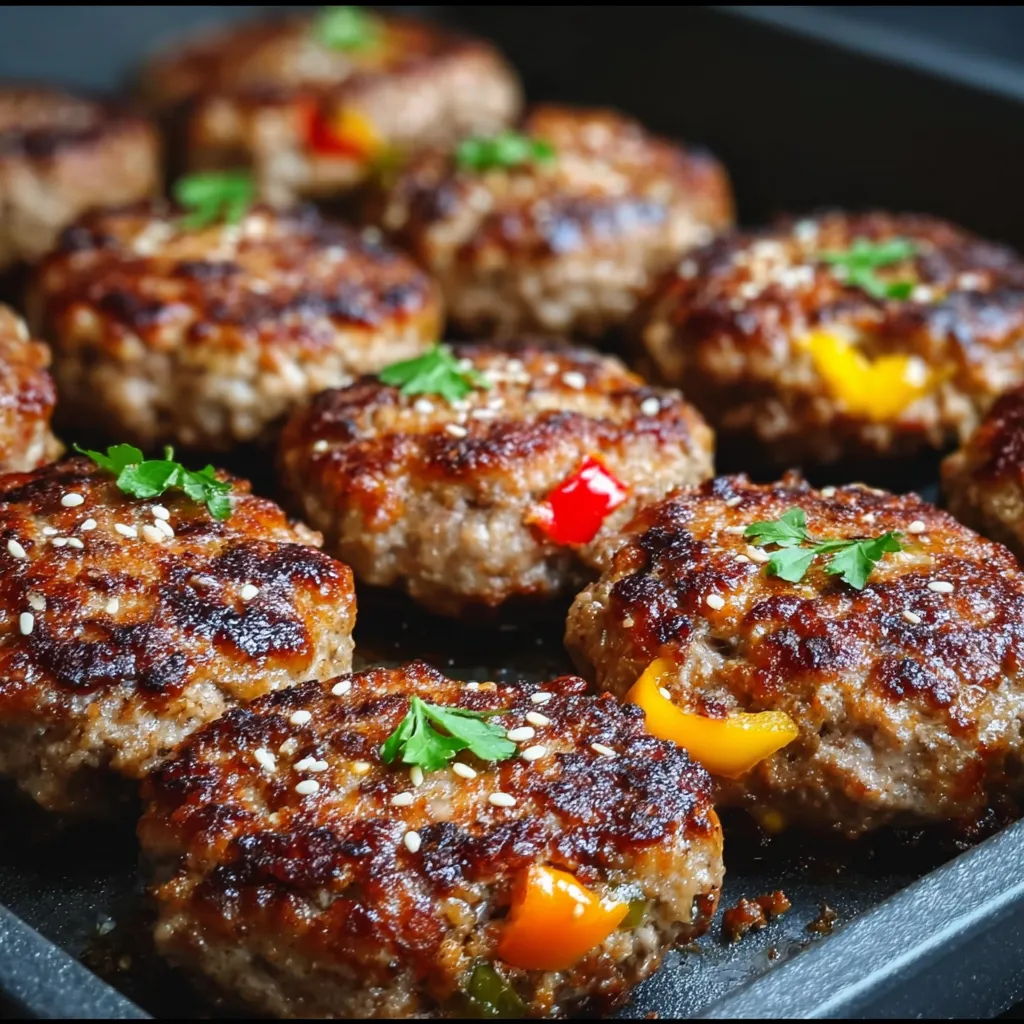 Eine Schüssel mit 12 gegrillten Fleischklecks, die mit Zwiebeln und Paprika garniert sind.