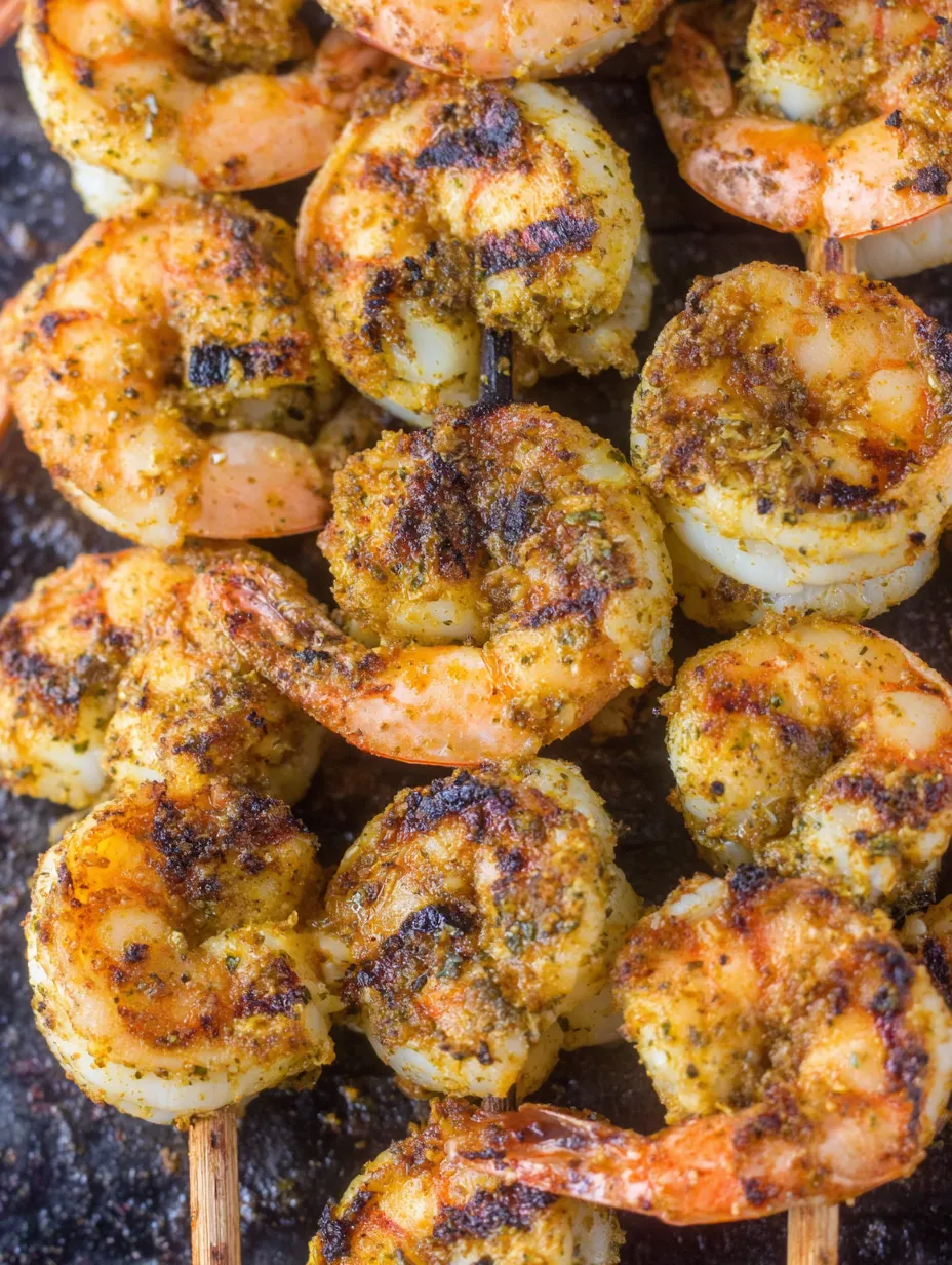 Eine Gruppe von gegrillten Shrimp mit Gewürzen auf einem Teller.