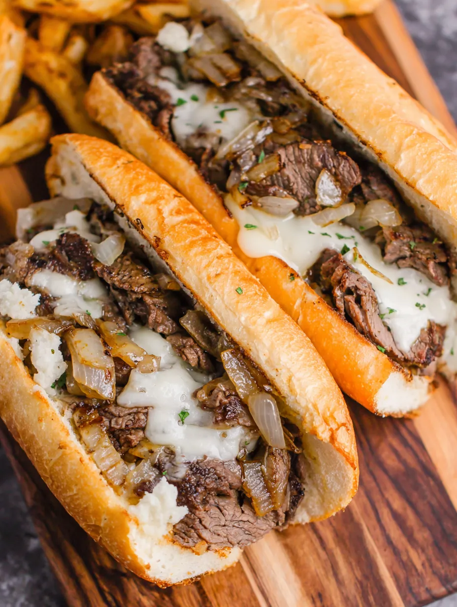 Zwei Sandwiches mit Rindfleisch, Onion und Käse auf einem Brett.