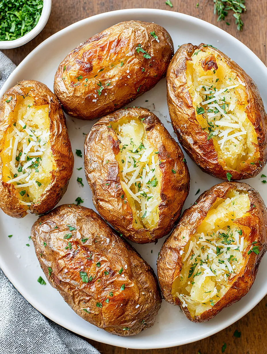 Eine Platte mit sechs gegrillten Papierlinsen, die mit Parmesan und Kräutern garniert sind.