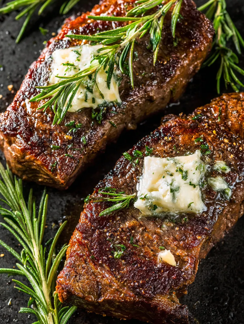 Zwei Stücke Rindfleisch mit Butter und Kräutern darauf.