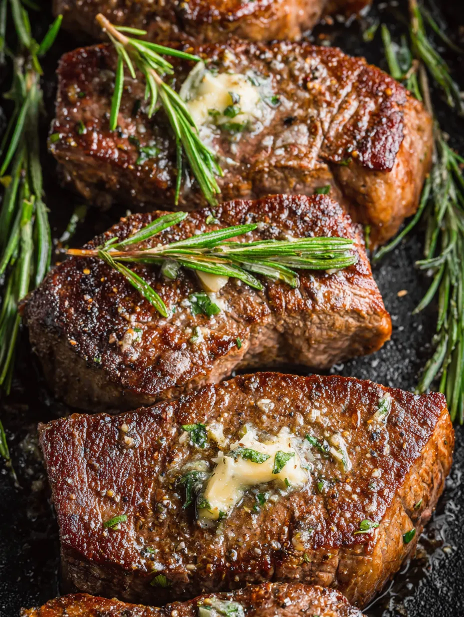 Zwei Stücke Rindfleisch mit Butter und Kräutern auf einem Teller.