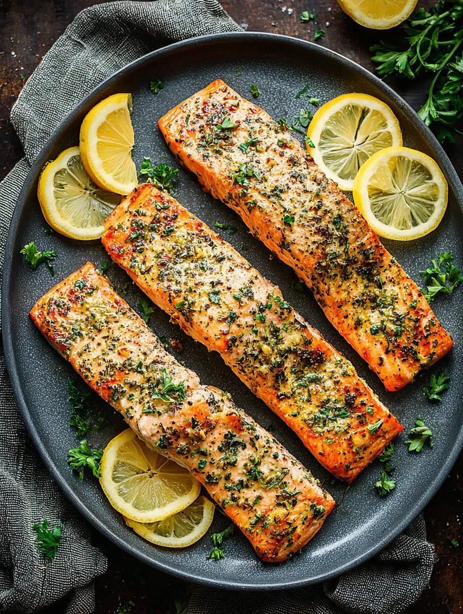 Eine Platte mit drei Salmonschnitten, die mit Zitrone und Gewürzen garniert sind.