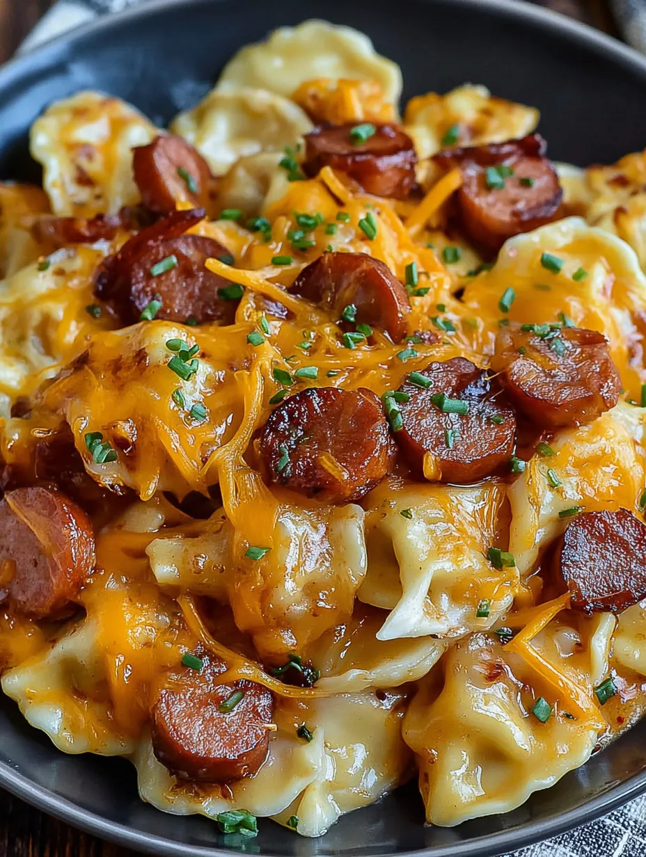 Eine Schüssel mit Kartoffeln, Käse, Sausage und Zwiebeln.