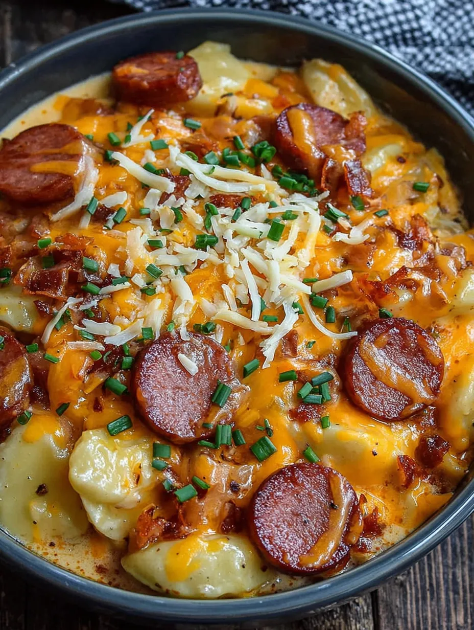 Ein Bild von einer Schüssel mit einer Mischung aus Käse, Sausage, Kartoffeln und Tomaten.