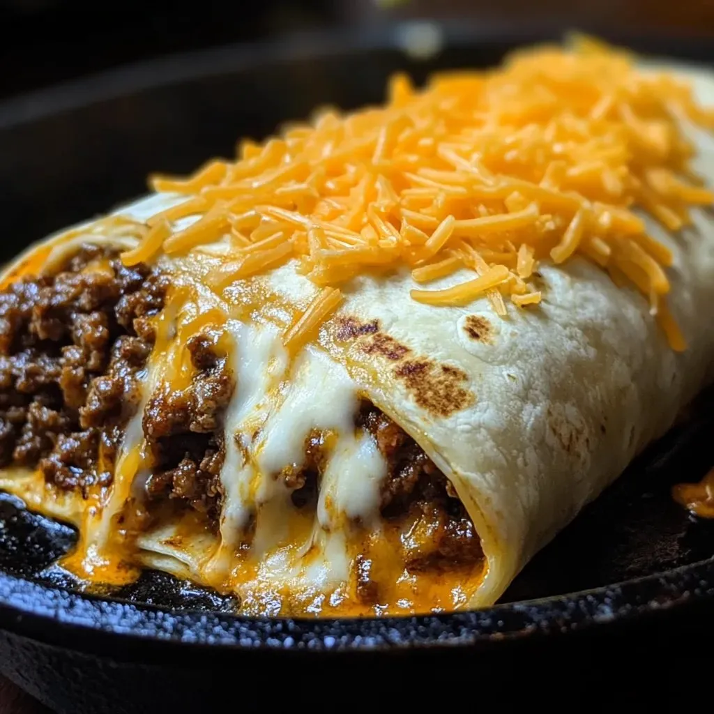 Ein Taco mit Käse und Rindfleisch auf einem Teller.
