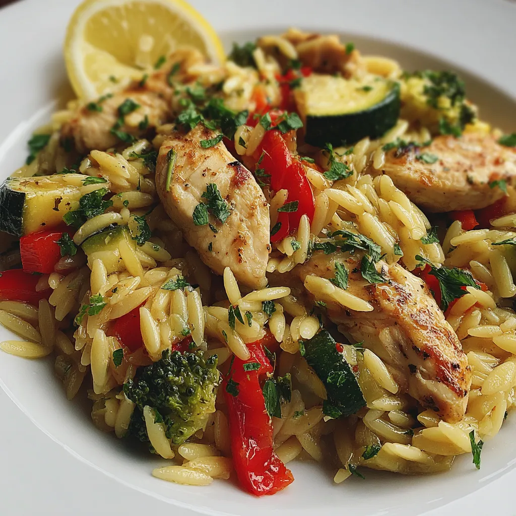 Ein weißer Teller mit einer Mischung aus Reis, Zwiebeln, Zucchini, Paprika, Brokkoli und Zitrone.
