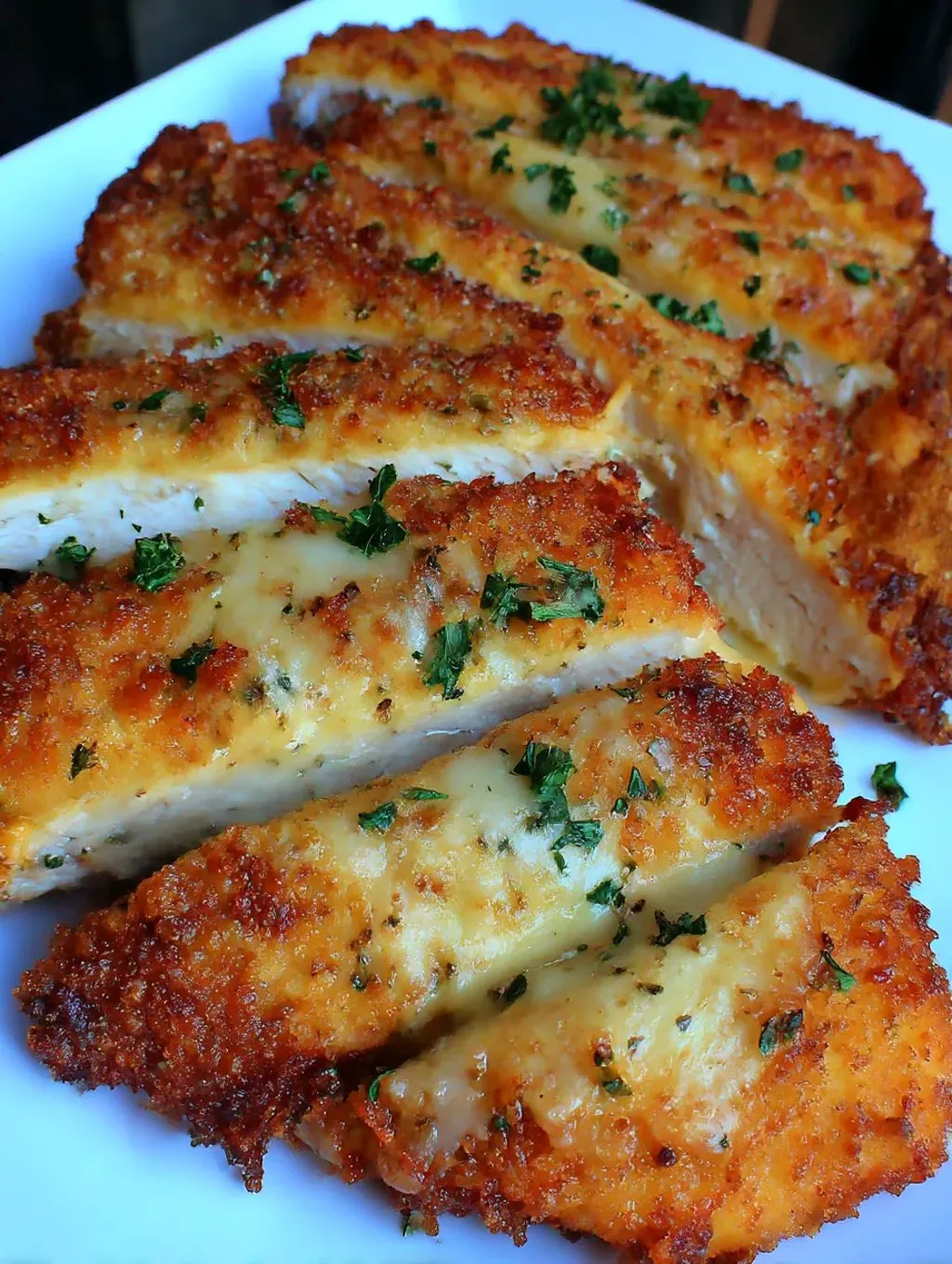 Eine Platte mit zwei Stücken von Chicken, die mit Parsley garniert sind.